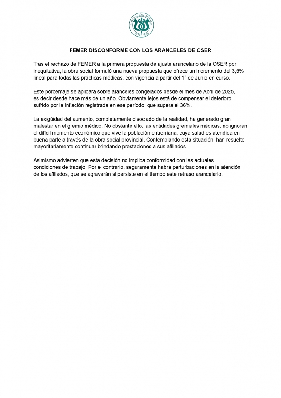 FEMER disconforme con los aranceles de OSER